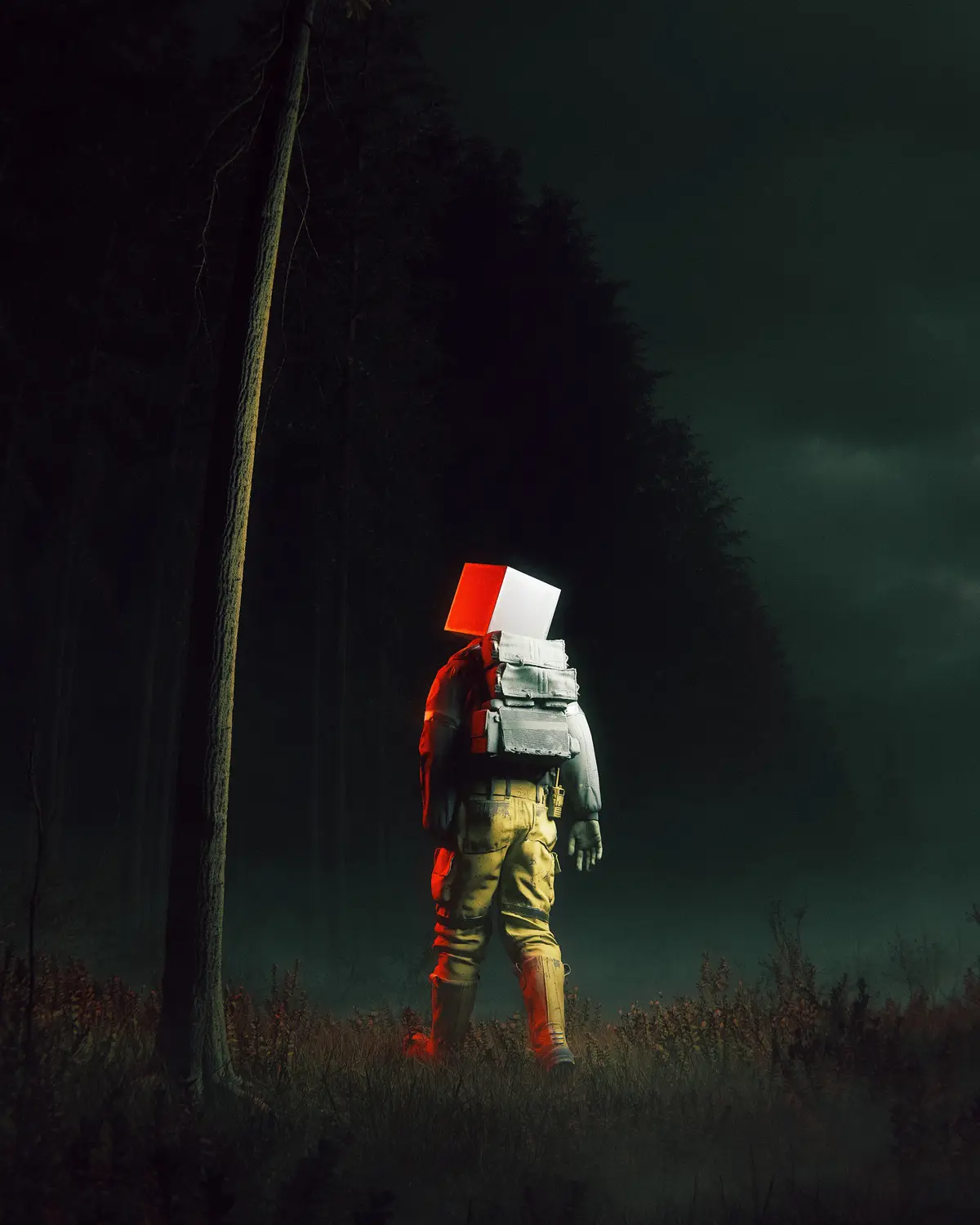 A person in a firefighter's uniform stands in a dark, misty forest at night, facing away from the camera. Their head is…