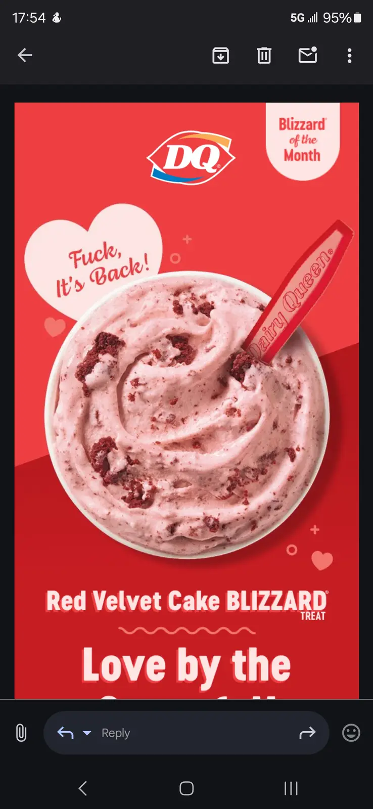 A Dairy Queen advertisement for their Red Velvet Cake Blizzard, featuring a bowl of pink ice cream with cake crumbles and a…