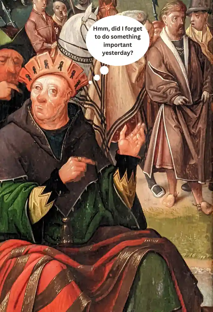 A close-up of a historical painting shows a seated, crowned figure in ornate robes looking upward with a puzzled expression…