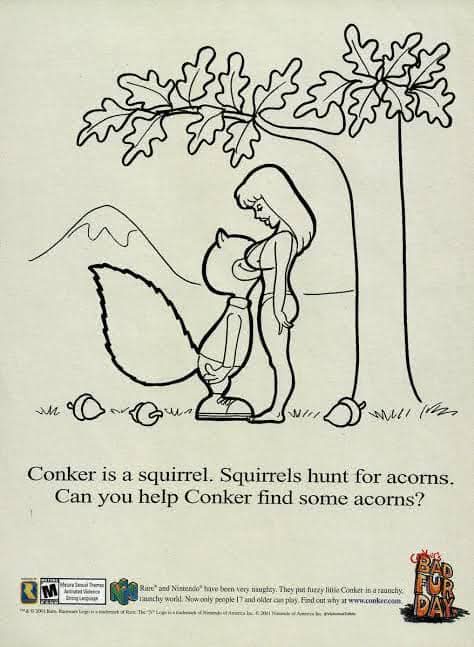 A black-and-white line drawing shows a female human figure hugging a large, anthropomorphic squirrel named Conker under an…