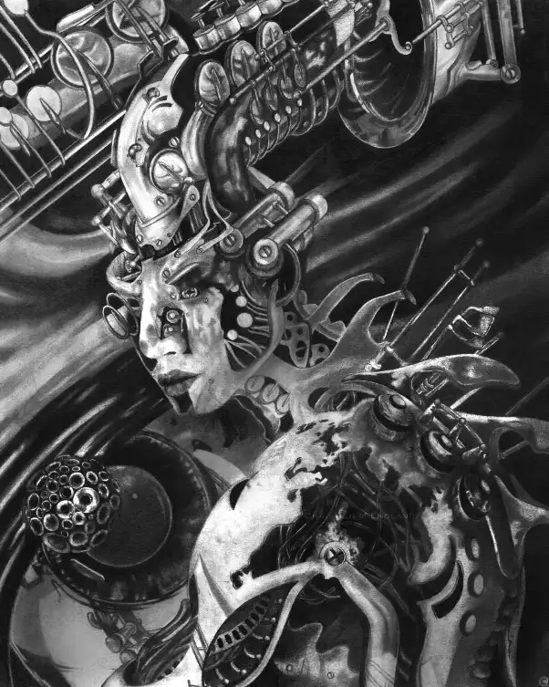 A black-and-white, highly detailed illustration of a humanoid figure with intricate mechanical components integrated into…