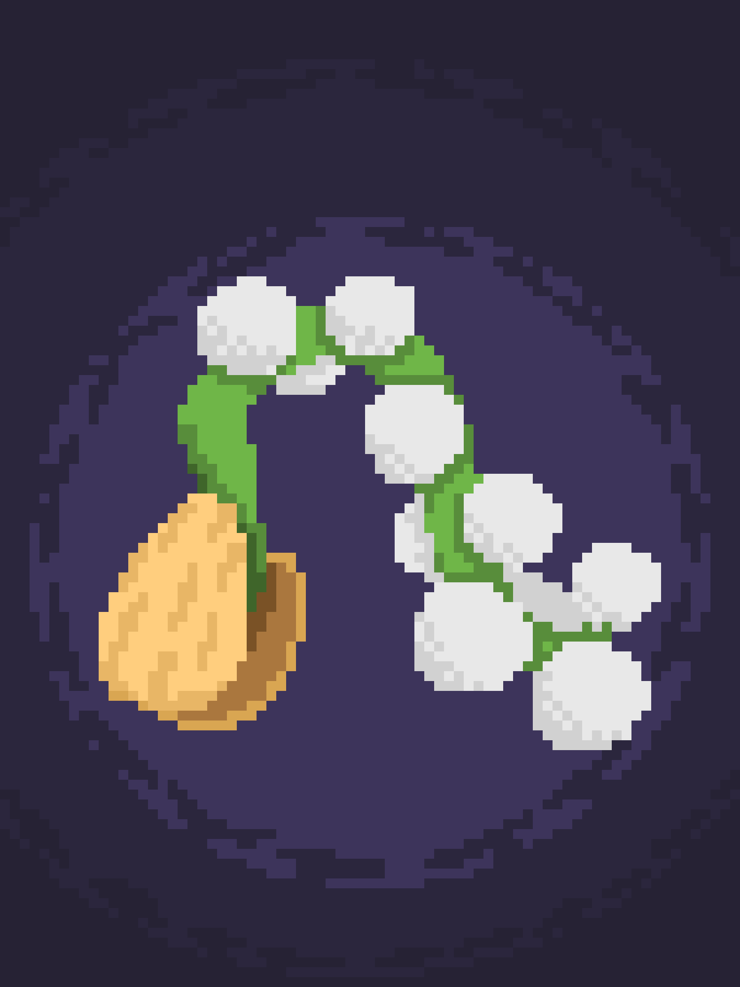 A pixel art image shows a cluster of white lily of the valley flowers with green stems against a dark purple circular…