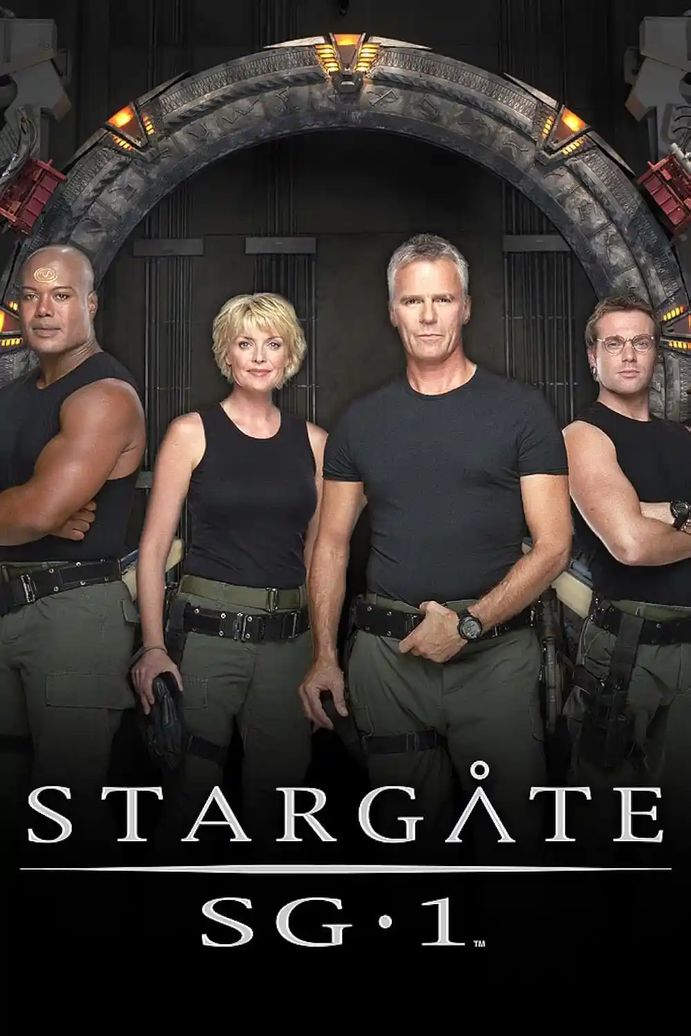 The promotional poster for the TV show Stargate SG-1 features four main characters standing in front of a large, glowing…