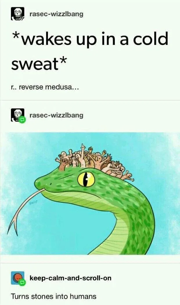 The image shows a green snake with a large yellow eye and forked tongue, with a crowd of small, cartoonish human figures…