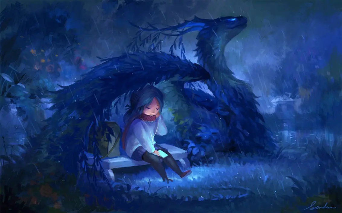 A young girl sits alone on a bench in a rainy, dark blue forest, illuminated by the glow of her phone. Behind her, a large…