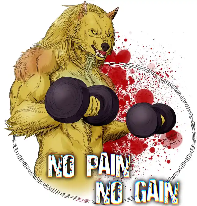 A muscular, anthropomorphic golden wolf with glowing yellow eyes and fangs is lifting two large black dumbbells. Behind it…