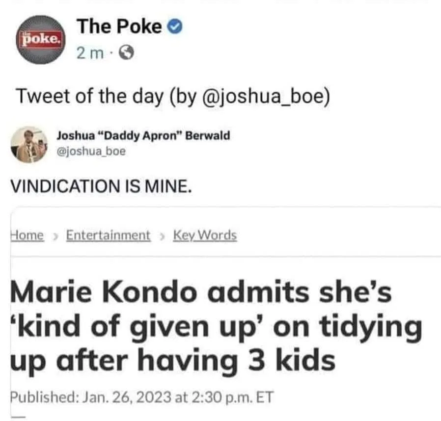 A screenshot of a tweet from 'The Poke' featuring a tweet by Joshua 'Daddy Apron' Berwald that reads 'VINDICATION IS MINE.'…