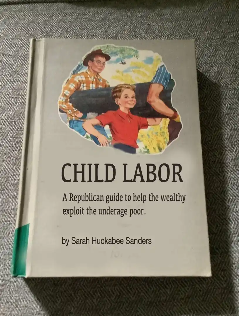 A book cover with a vintage illustration of two children smiling while carrying a large log, overlaid with satirical text…