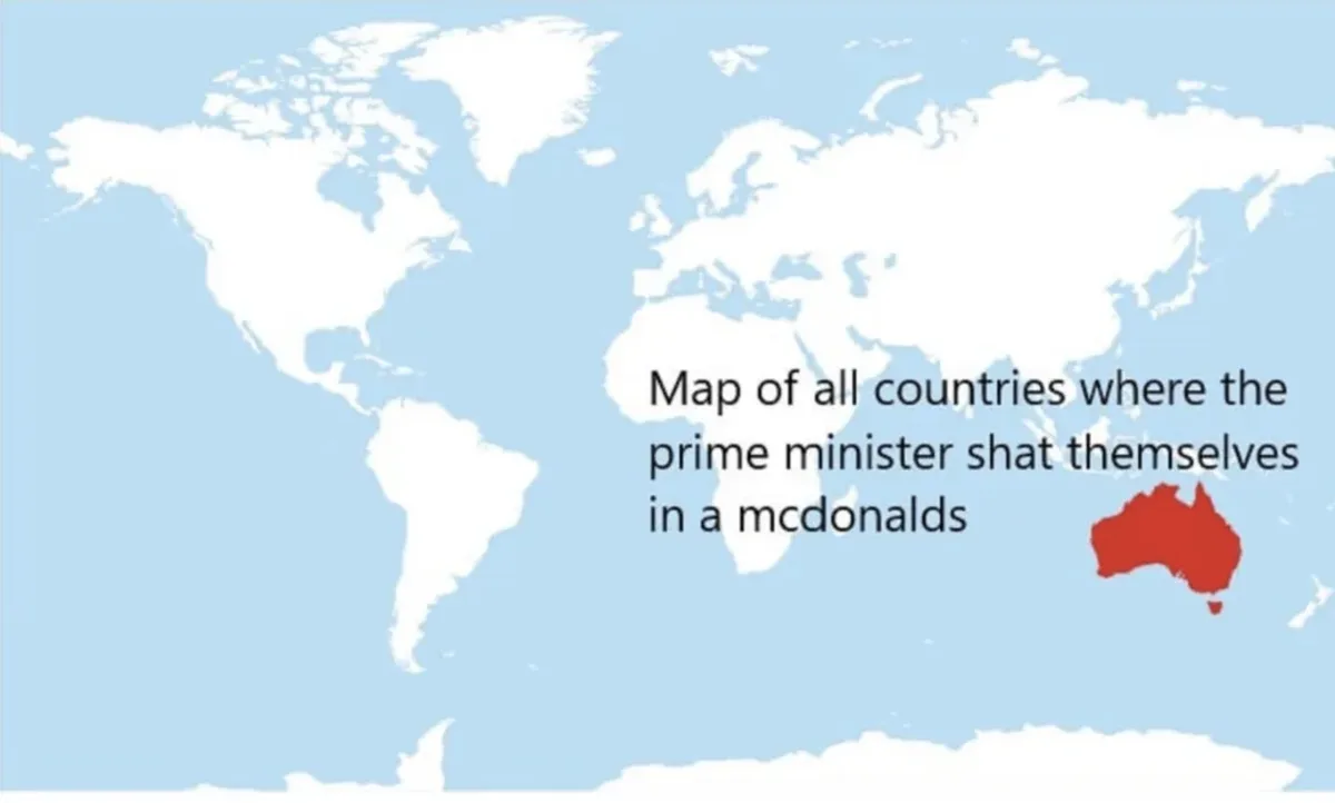 A world map with Australia highlighted in red, accompanied by the text 'Map of all countries where the prime minister shat…