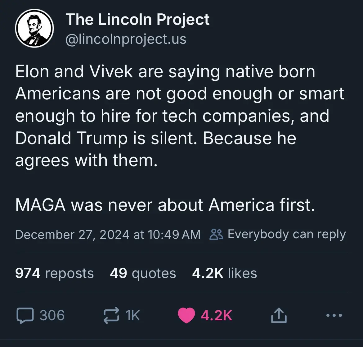 A screenshot of a tweet from 'The Lincoln Project' account, which states that Elon Musk and Vivek Ramaswamy are claiming…