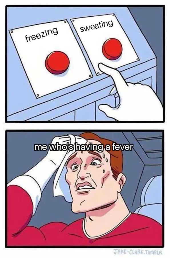 The top panel shows a hand hovering over two red buttons labeled 'freezing' and 'sweating'. The bottom panel shows a cartoon…
