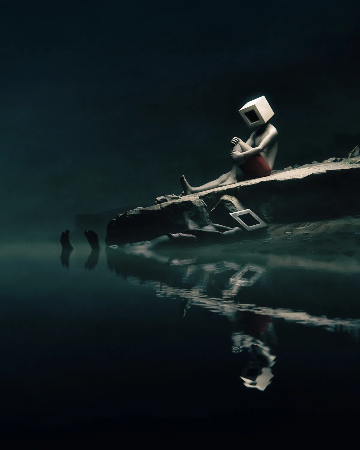 A figure with a cube for a head sits on a rocky ledge overlooking dark water, while another person lies submerged nearby…