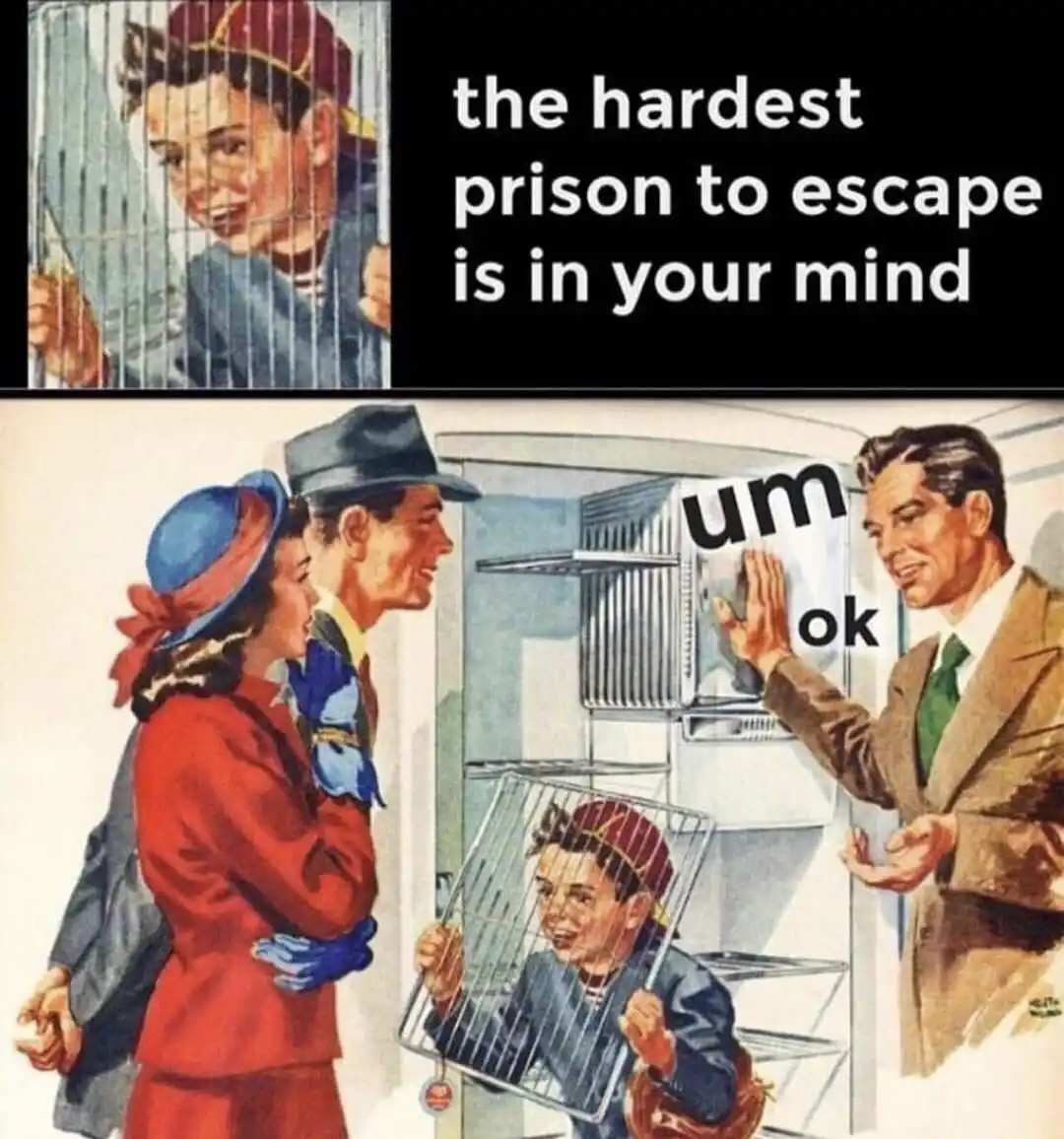 The image is a vintage illustration split into two panels. The top panel shows a boy in a cage looking out. The bottom panel…