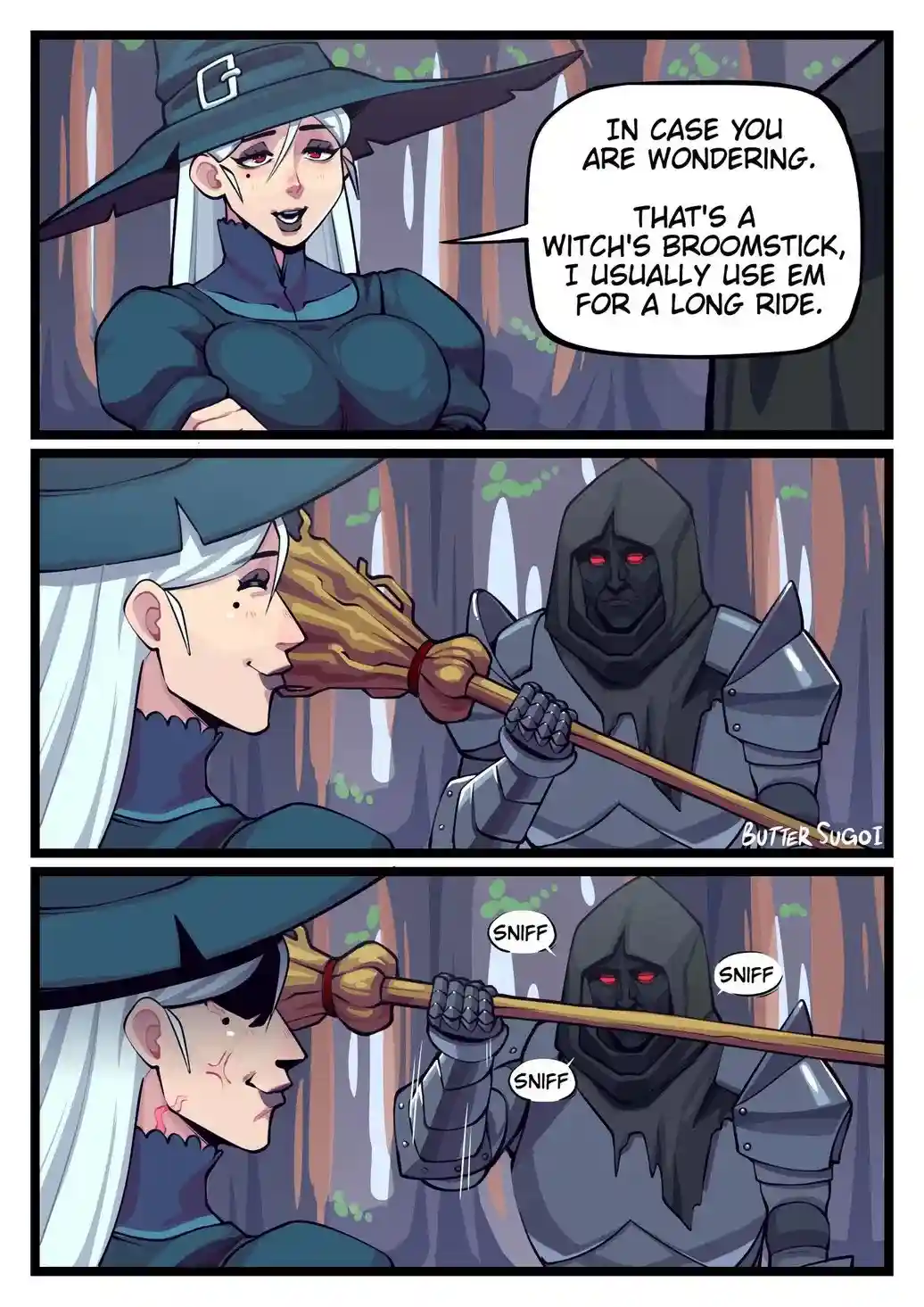 A three-panel comic strip shows a witch with white hair and a black hat explaining her broomstick is for long rides. In the…