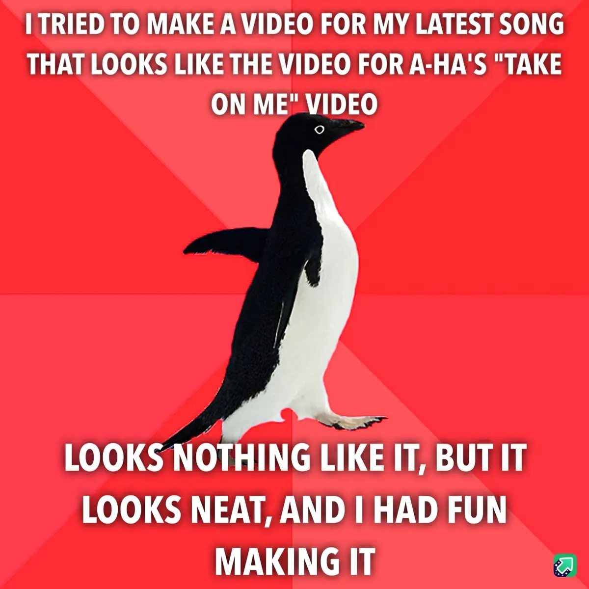 A black-and-white penguin stands against a red background with diagonal stripes. White text at the top says, 'I TRIED TO…