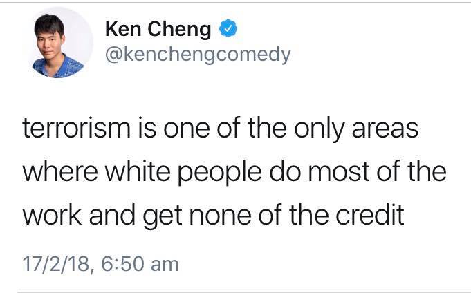 A screenshot of a tweet from verified Twitter user Ken Cheng (@kenchengcomedy) dated February 17, 2018, at 6:50 am. The…