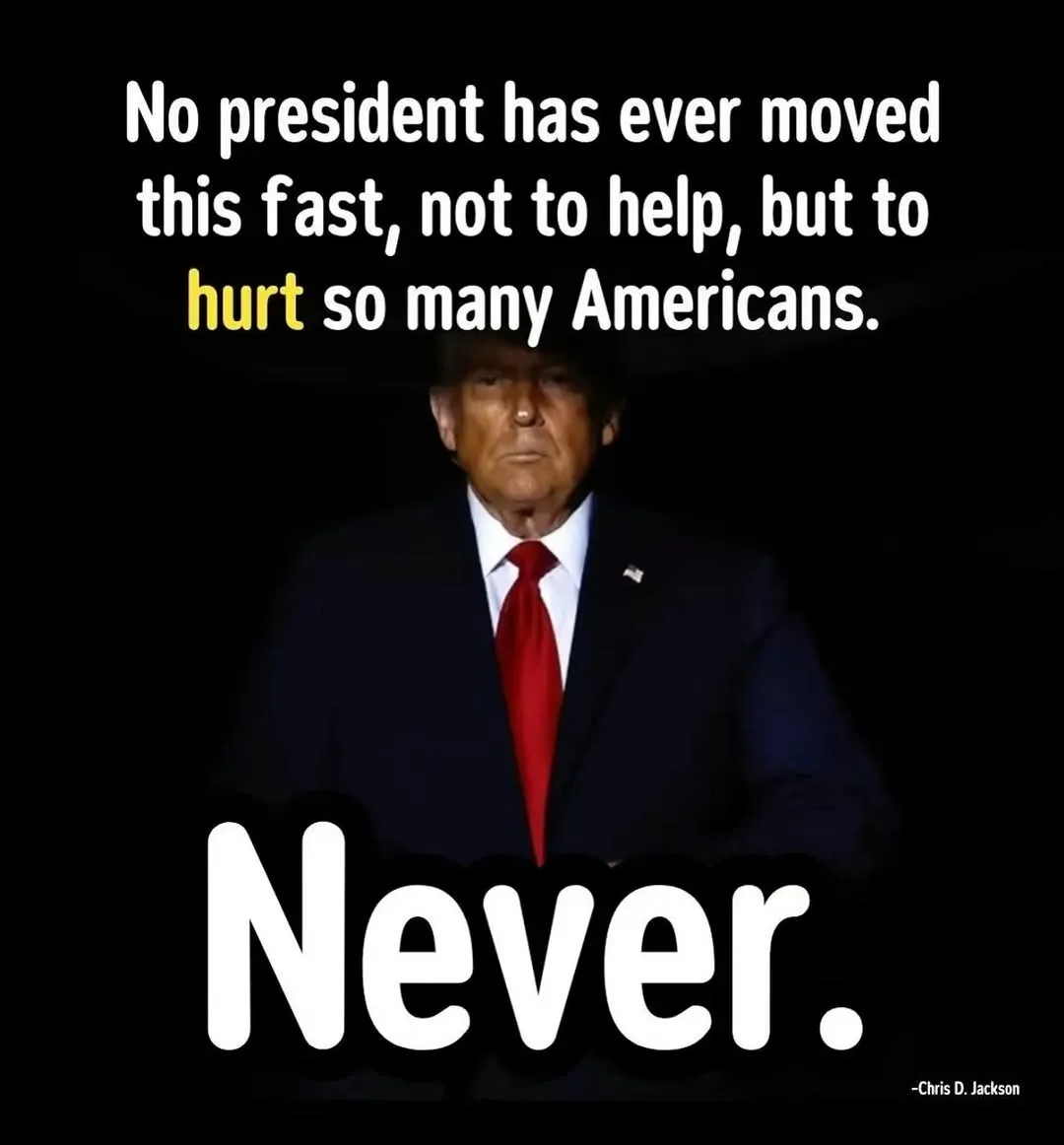 A dark, centered image of Donald Trump in a suit and red tie, with a serious expression. White text at the top reads 'No…