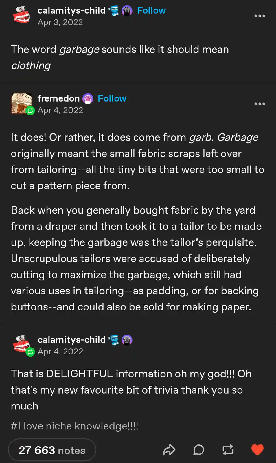 A screenshot of a Tumblr thread where one user comments that 'garbage' sounds like it should mean clothing, and another user…