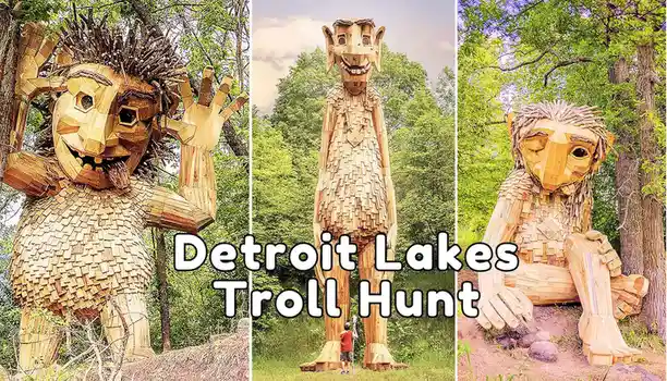 Three images show large wooden troll sculptures in a forest setting, each with distinct poses: one waving, one standing tall…