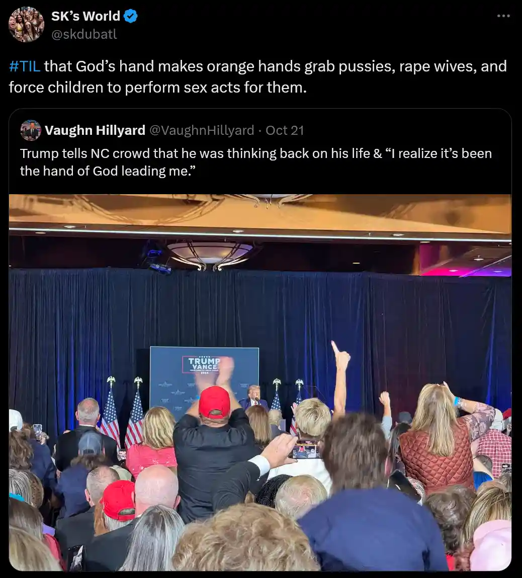 A photo of Donald Trump speaking at a rally with a 'TRUMP VANCE 2024' backdrop, surrounded by supporters. A man in a red cap…