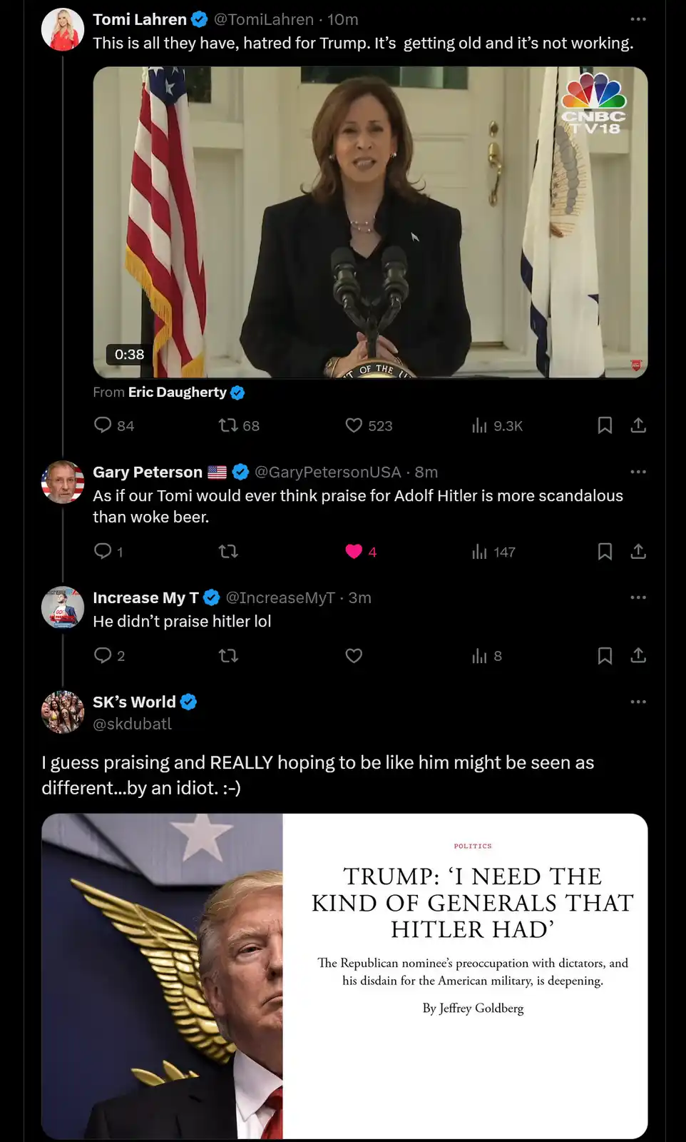 A screenshot of a Twitter thread shows Tomi Lahren criticizing political opponents for their hatred of Trump. Below, a meme…