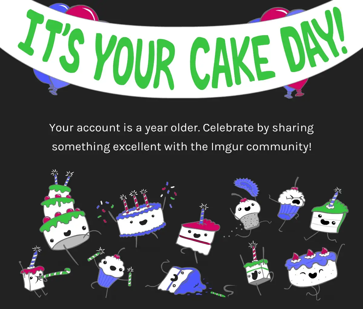 A celebratory image with cartoon cakes and cupcakes dancing under a banner that reads 'IT'S YOUR CAKE DAY!' and text below…