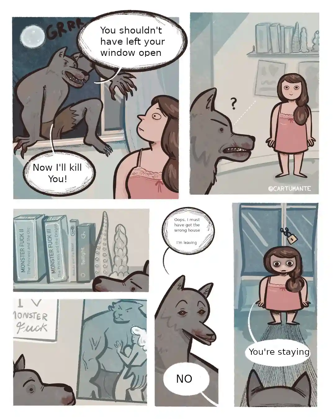 A comic strip shows a werewolf at a window threatening a girl in pajamas, who then realizes the werewolf is confused by her…