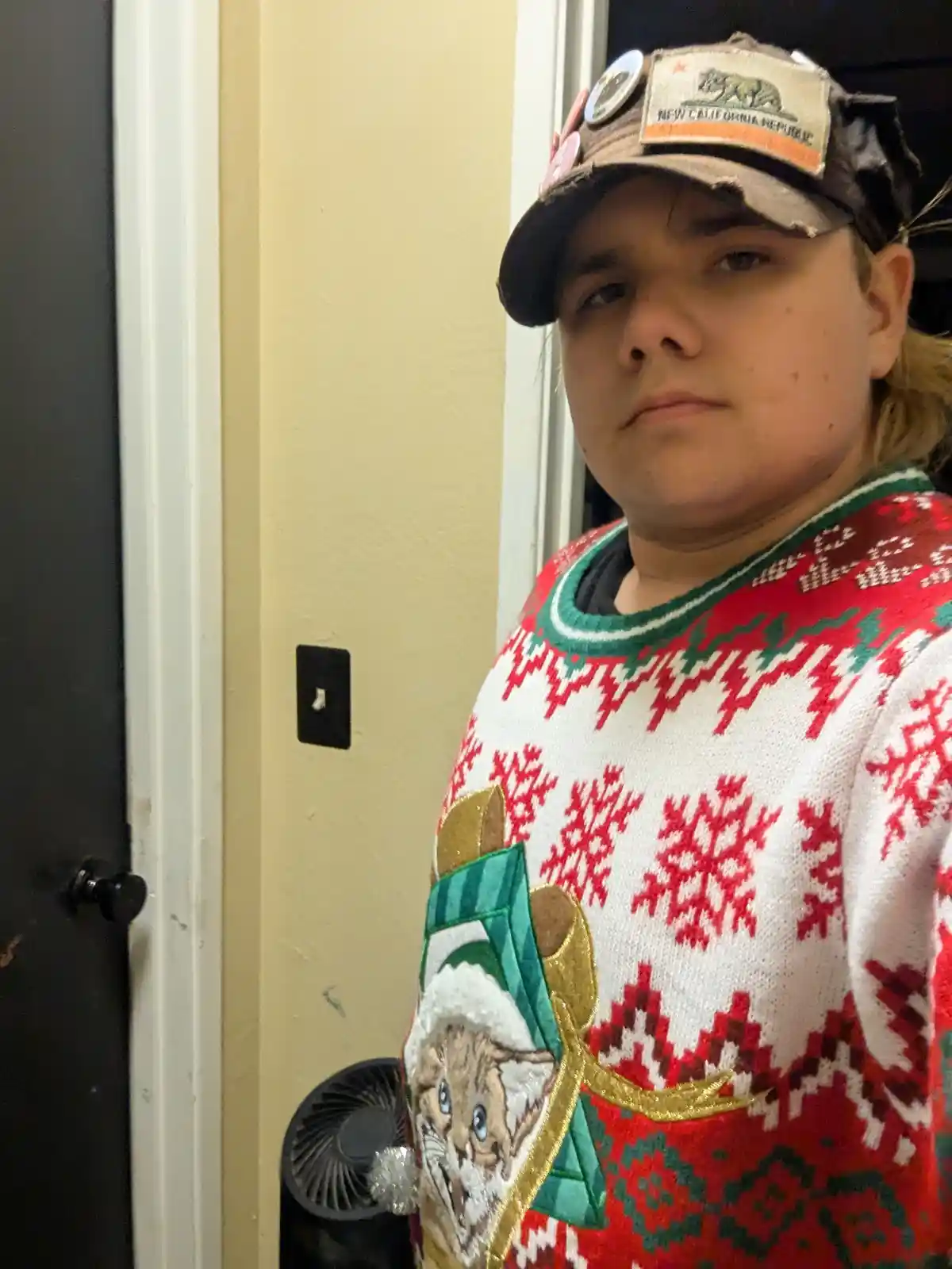 A person stands in a doorway wearing a very festive, red and white Christmas sweater with a large, embroidered cat in a…