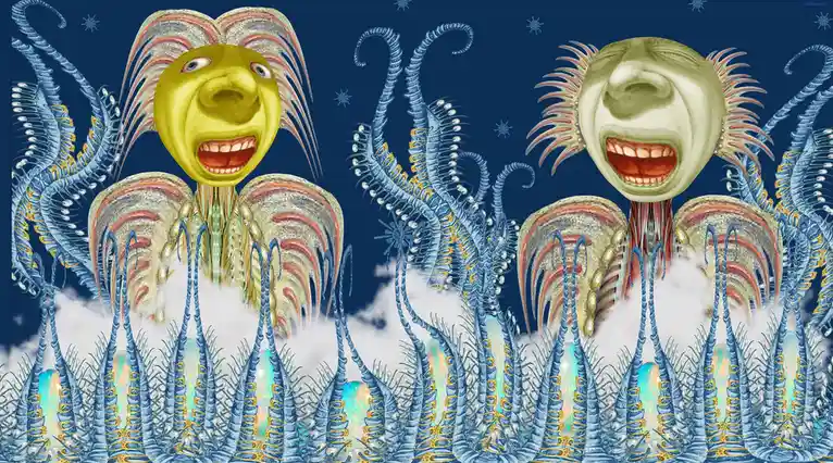 Two grotesque, multi-limbed creatures with exaggerated, screaming human faces emerge from clouds against a starry night sky…