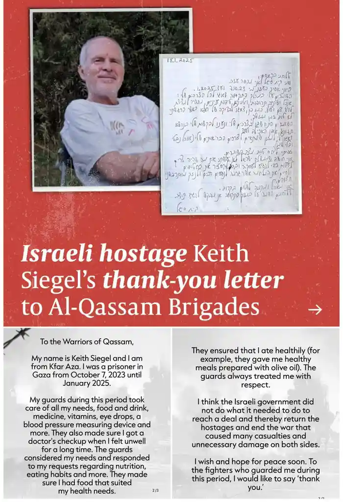 The image displays a photo of Keith Siegel alongside a handwritten letter in Hebrew, with a red background and white text…