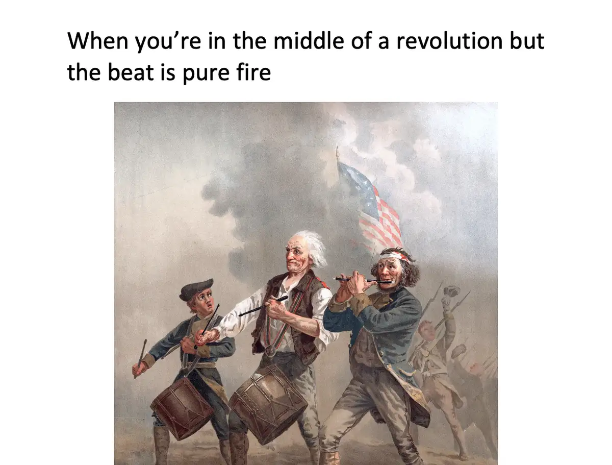 A historical painting depicts American Revolutionary War soldiers marching in battle, with one playing a drum, another a…
