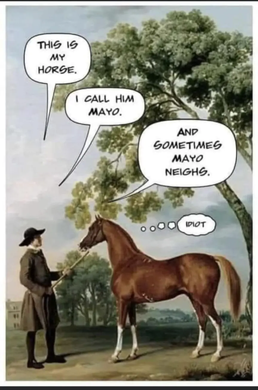 A classical painting depicts a man in historical attire standing beside a brown horse, holding a stick. Three speech bubbles…