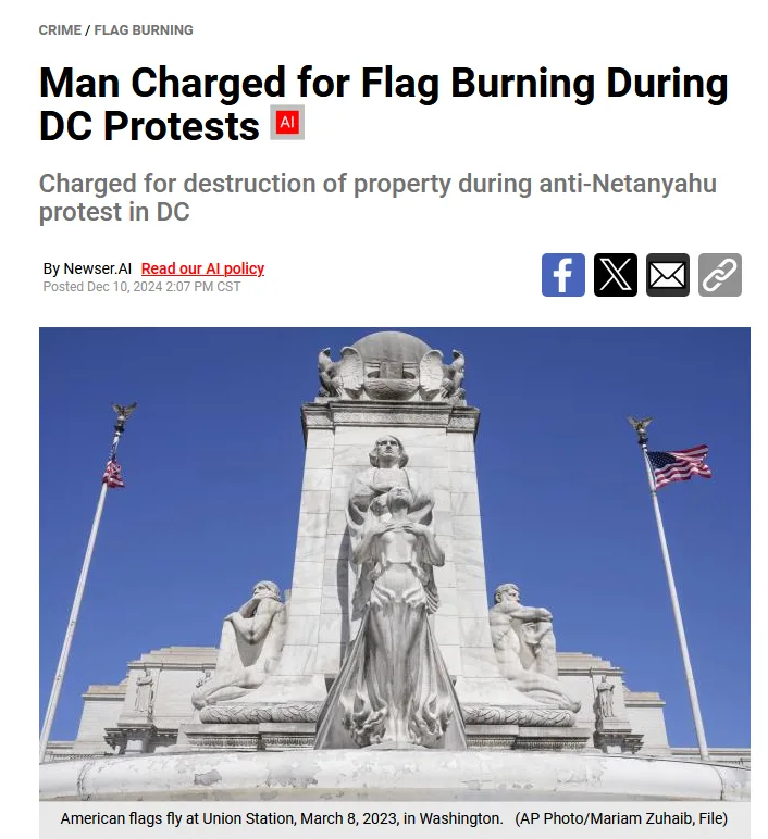 A screenshot of a Newsner.AI article headlined 'Man Charged for Flag Burning During DC Protests' shows a photo of the Union…