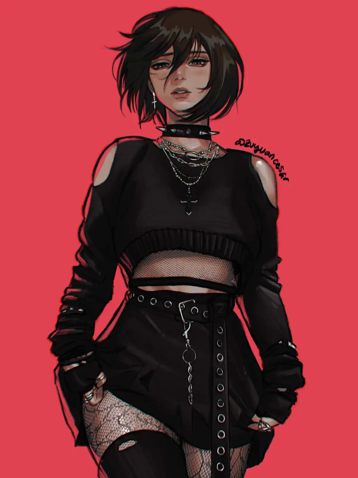 An anime-style illustration of a young woman with short dark hair, wearing a black crop top with shoulder cutouts, fishnet…