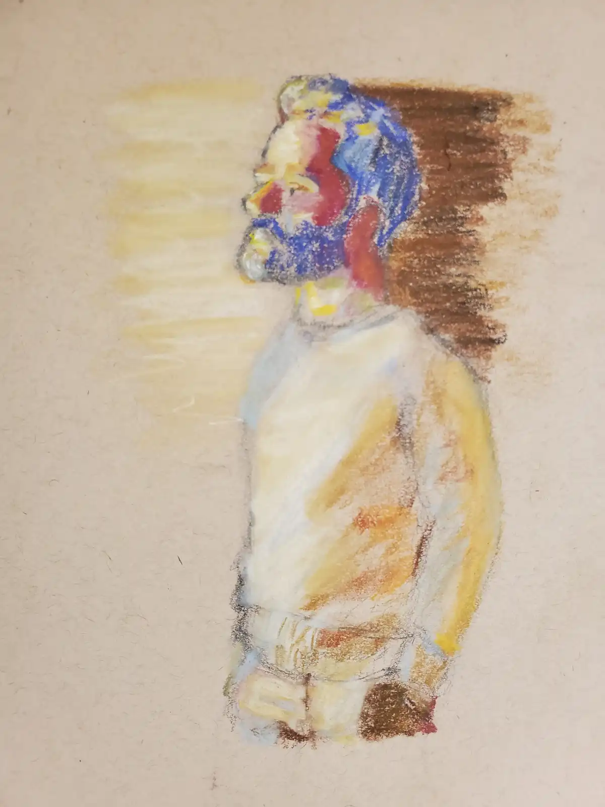 A rough pastel drawing of a person in profile, rendered with messy, blended colors and visible strokes on textured paper…