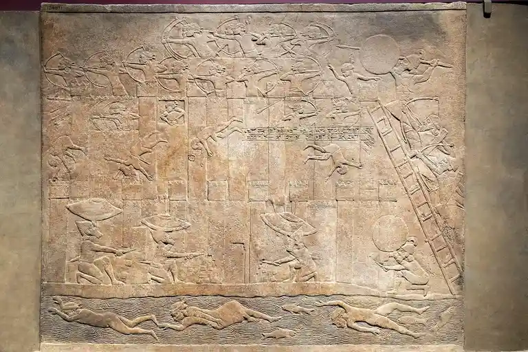 An ancient stone relief depicts a chaotic battle scene with soldiers on a city wall firing bows and arrows, others climbing…