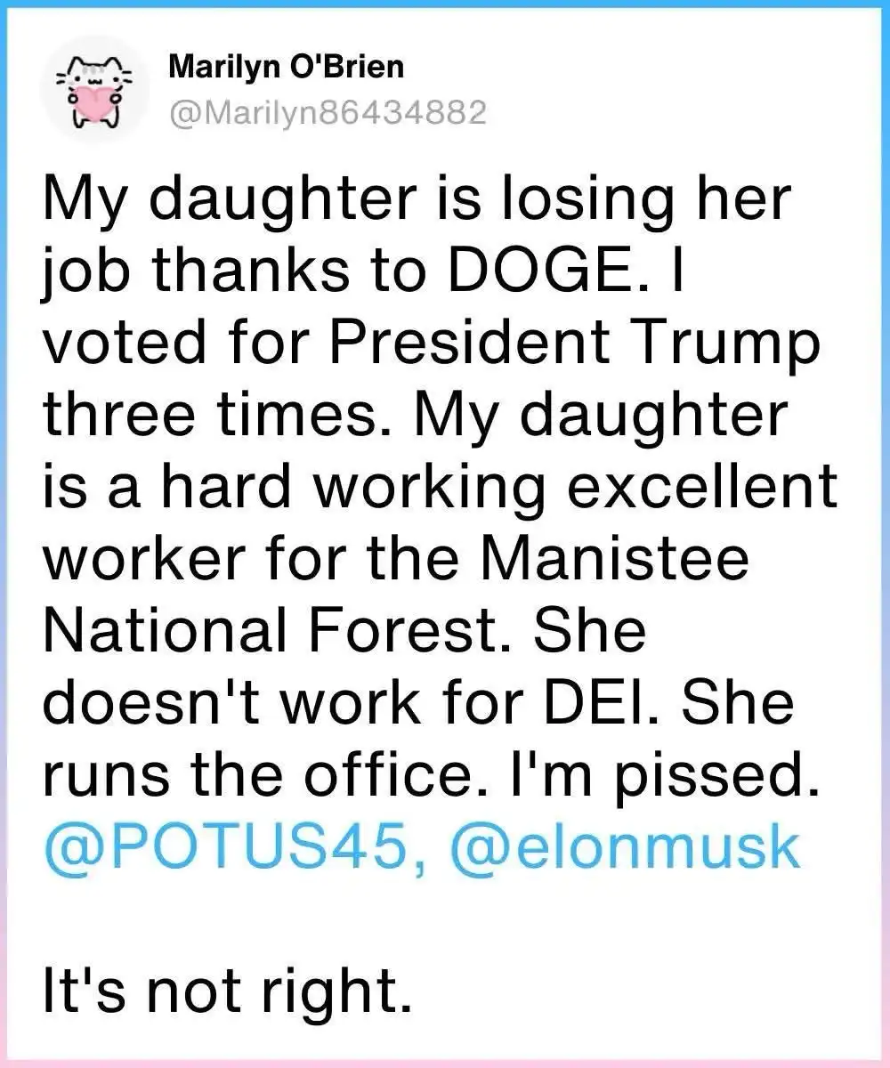 A screenshot of a tweet from user Marilyn O'Brien, who claims her daughter lost her job due to 'DOGE' (Dogecoin), despite…