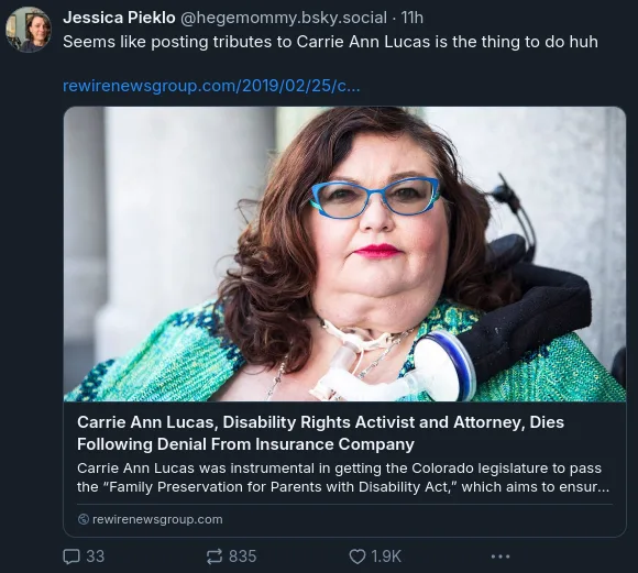 A screenshot of a news article about Carrie Ann Lucas, a disability rights activist and attorney, who died after being…