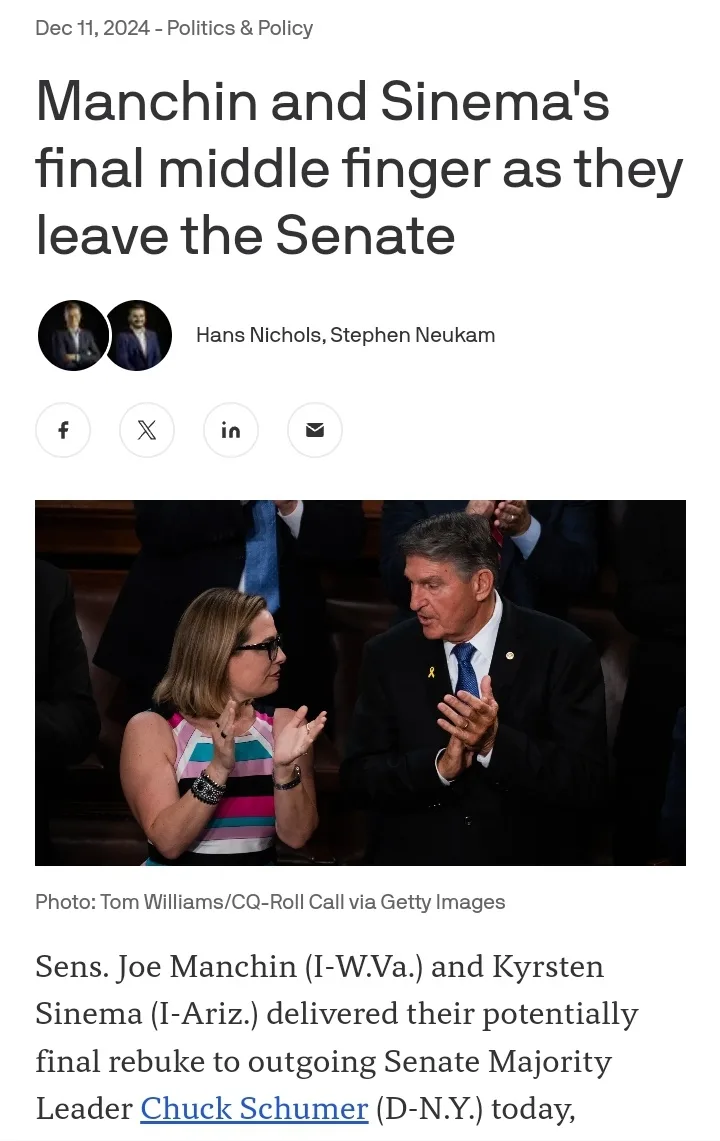 A screenshot of a news article from Dec 11, 2024, featuring a photo of Senators Joe Manchin and Kyrsten Sinema clapping…
