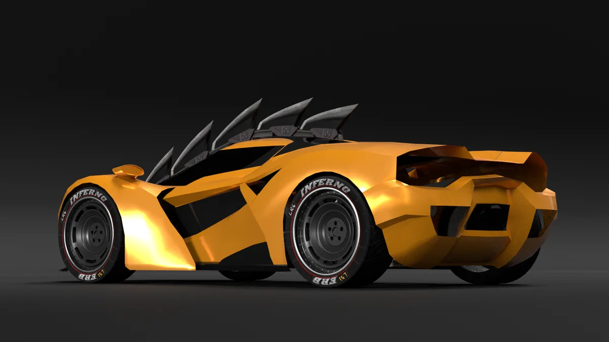 a highly stylized, angular yellow sports car with black accents and a spiky roof spoiler is shown in profile against a dark…