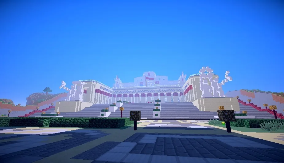 A Minecraft screenshot shows a large, blocky, white building with steps and columns, resembling the White House, under a…