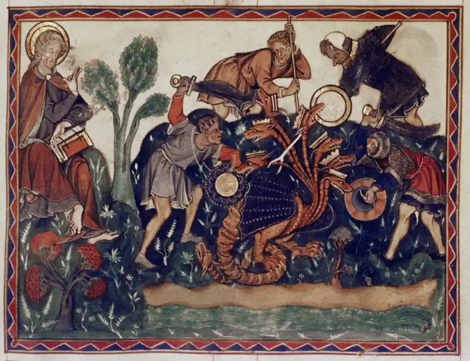 An illuminated medieval manuscript depicts a multi-headed dragon being attacked by several warriors while a haloed figure…