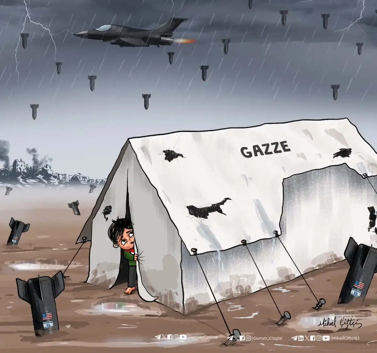 A cartoon depicts a young child peeking out from a torn white tent labeled 'GAZZE' in a muddy, war-torn landscape. Above, a…