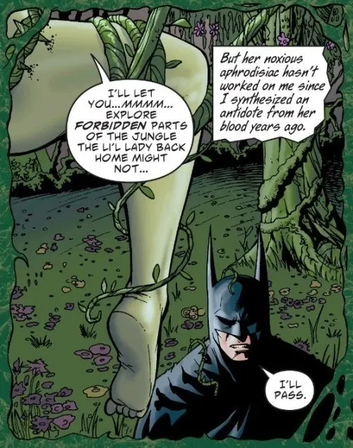 Batman stands before a giant, vine-covered leg in a jungle setting, looking up at the leg which has two speech bubbles. One…