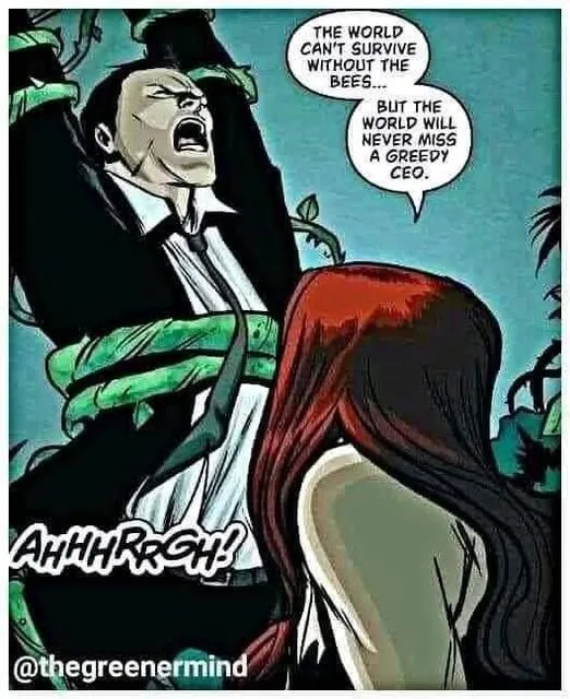 A comic panel shows a man in a suit being strangled by green vines while screaming 'AHHHRRGH!'. A woman with red hair stands…