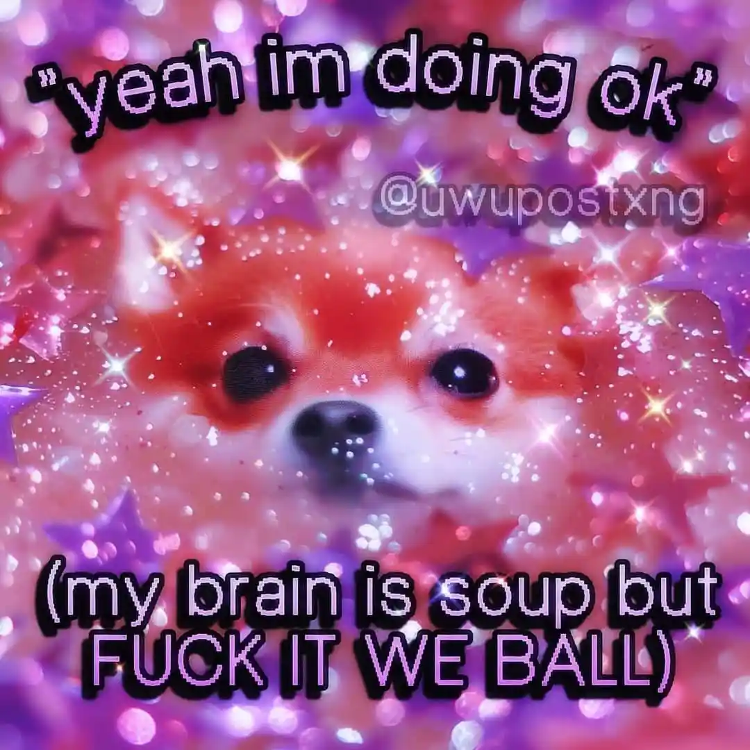 A close-up of a fluffy red and white dog with large dark eyes, set against a sparkly, glittery background of pink and purple…
