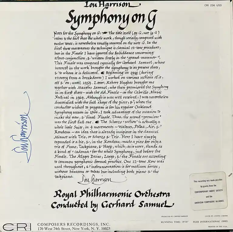 The image shows the back cover of a classical music album for Lou Harrison's 'Symphony on G,' featuring a detailed…