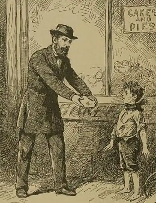 A vintage black-and-white illustration shows a bearded man in a suit and hat handing a round pastry to a barefoot young boy…