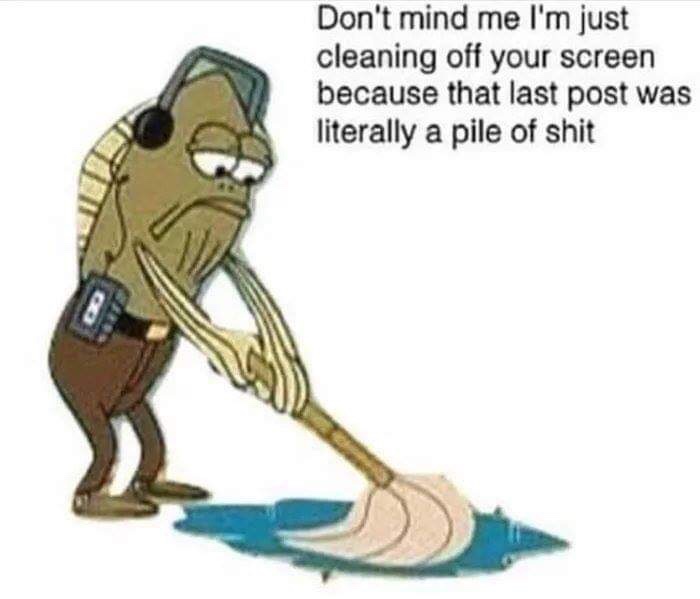 A cartoonish, anthropomorphic fish wearing a helmet and utility belt is mopping up a blue puddle on a white floor. The…