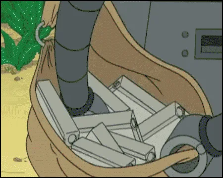 A three-panel comic strip from 'Futurama' shows a robot's hand reaching into a sack of white rectangular objects, pulling…